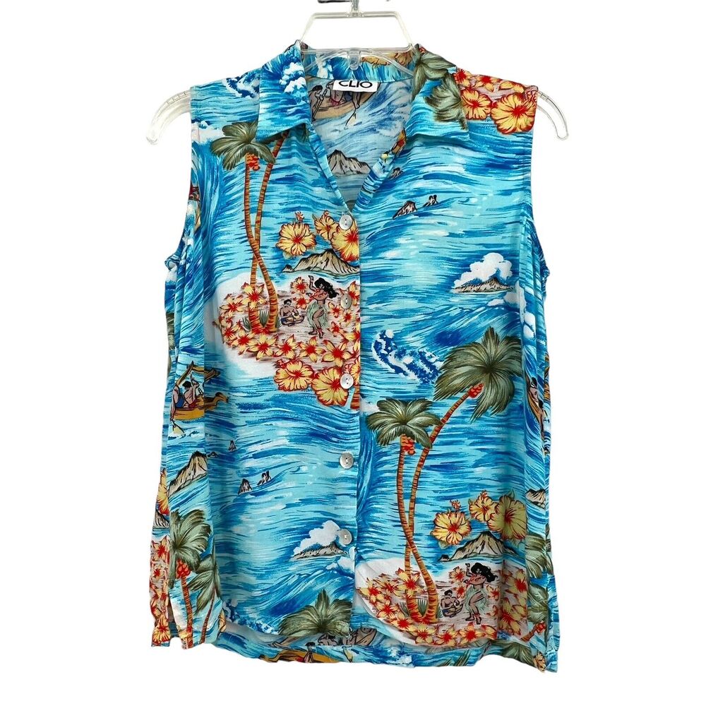 Vintage Clio Blue Hawaiian Graphic Sleeveless‎ Button Front Top Small